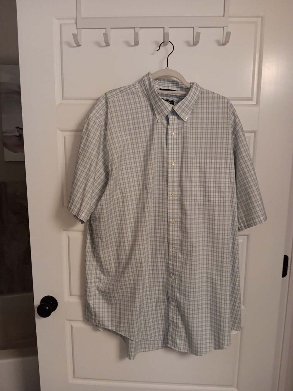 Eddie Bauer Mens Beige Green Short Sleeve Button Down Shirt SZ XL